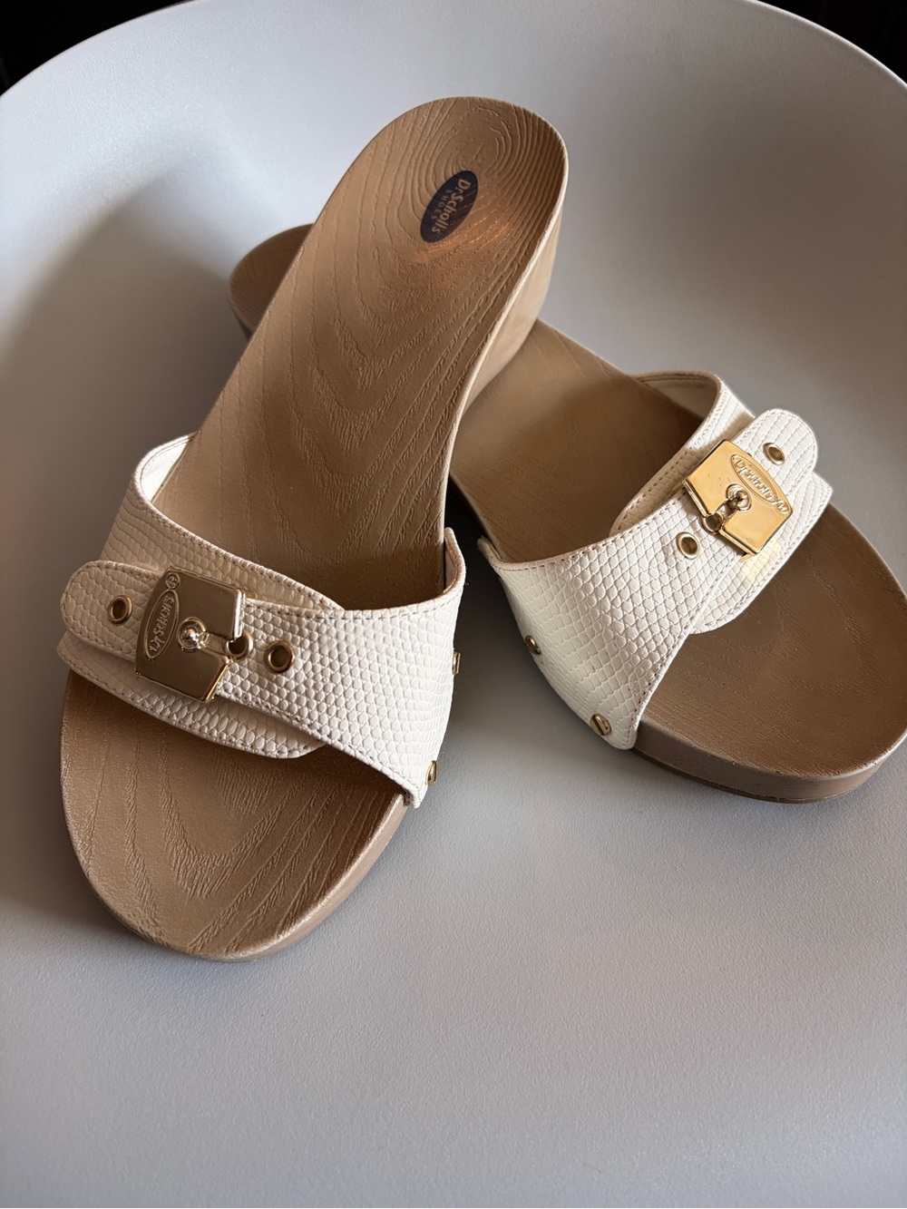 Dr. Schools White Leather Slide Sandals with Gold Buckle